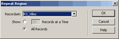 Ecran de configuration du Repeat Region