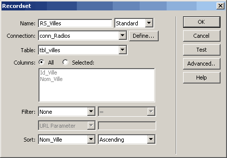 Ecran de configuration du Recordset